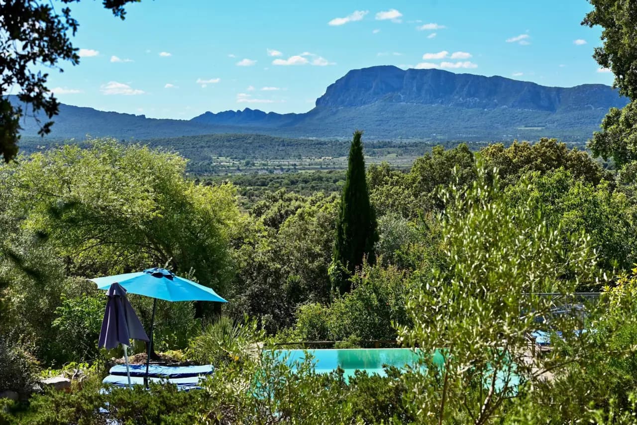 Mas du Grand Bosc pool with Pic Saint-Loup on the horizon